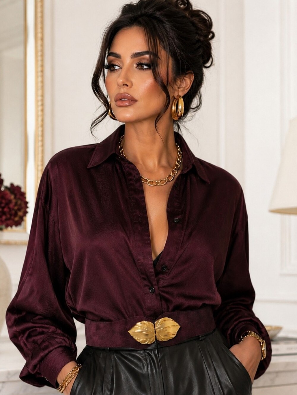 Red Wine Suede Leather With Gold Tone Buckle Stretchy Belt M